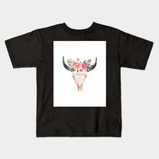 Bull skull with flower crown - hand painted watercolor Kids T-Shirt